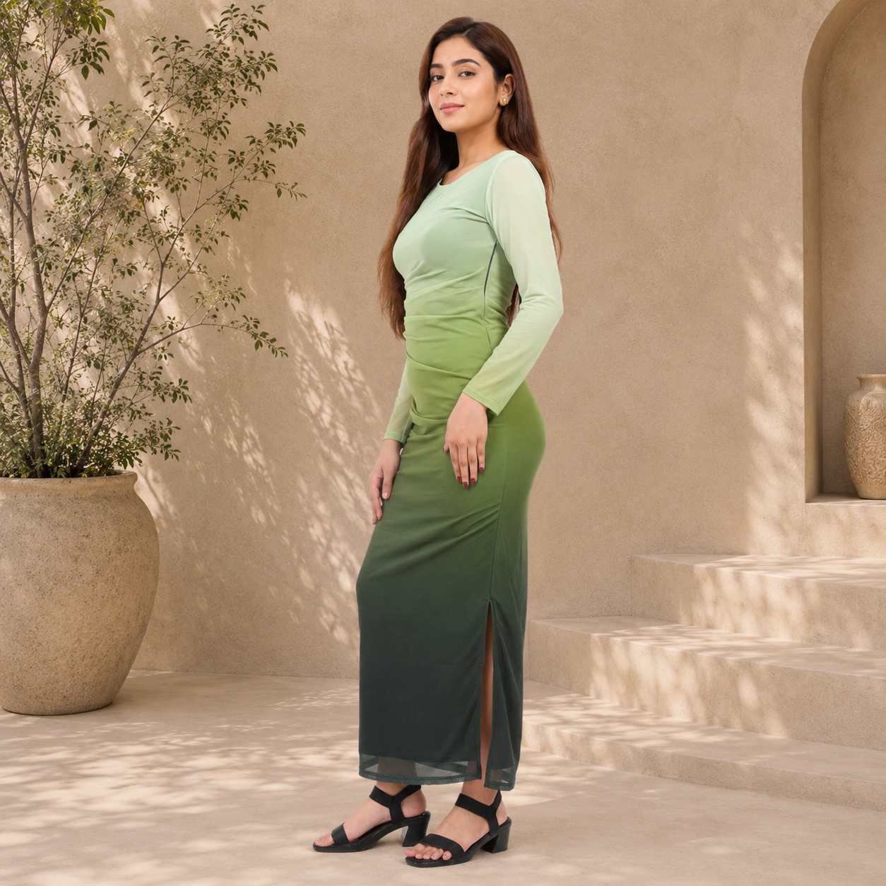 Ombré Mesh Ruched Long Sleeve Maxi with Side Slit