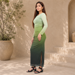 Ombré Mesh Ruched Long Sleeve Maxi with Side Slit