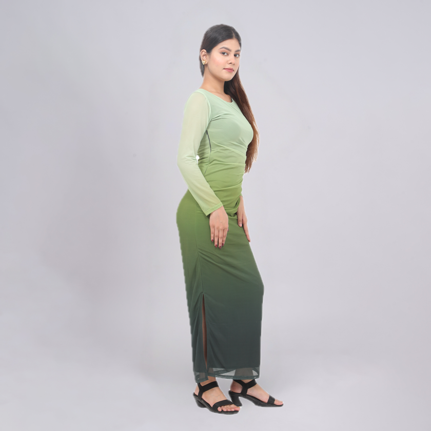 Ombré Mesh Ruched Long Sleeve Maxi with Side Slit