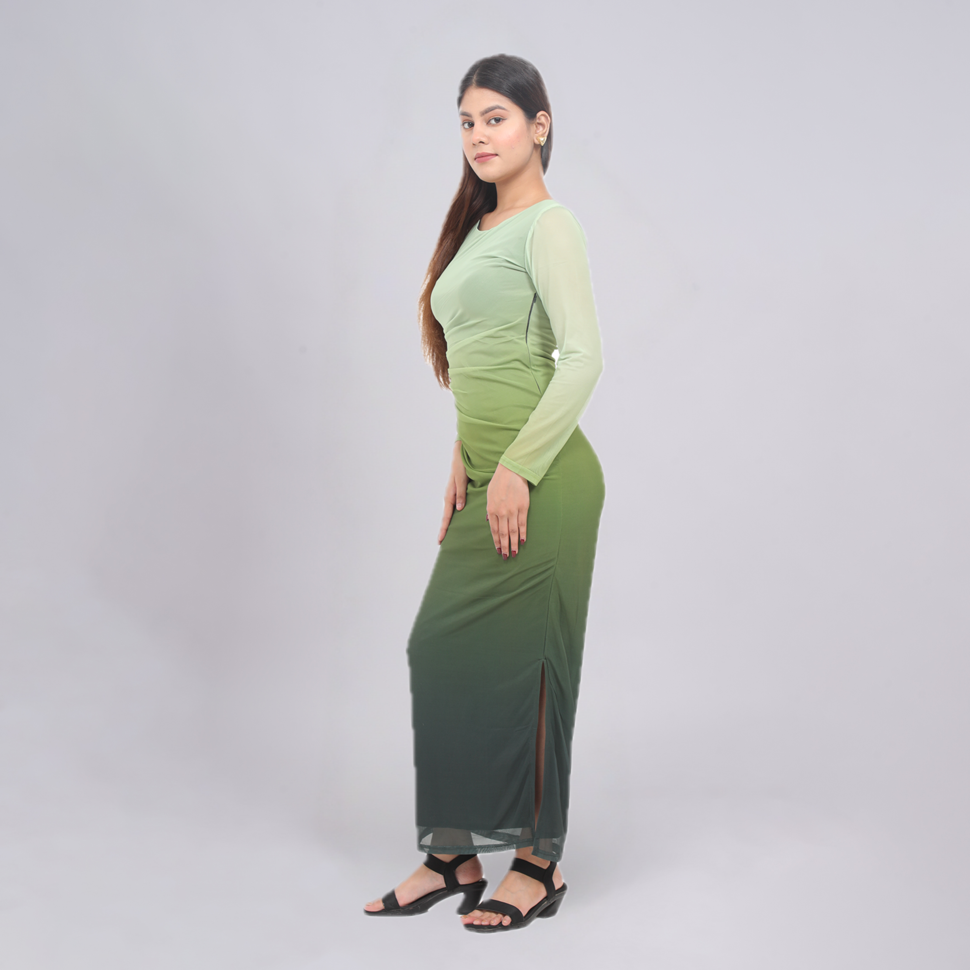Ombré Mesh Ruched Long Sleeve Maxi with Side Slit