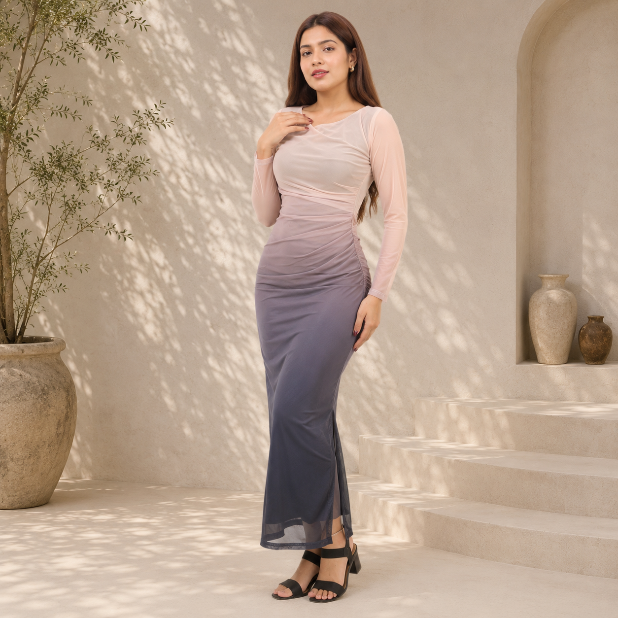 Ombré Mesh Ruched Long Sleeve Maxi with Side Slit