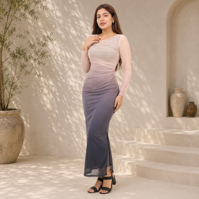 Ombré Mesh Ruched Long Sleeve Maxi with Side Slit