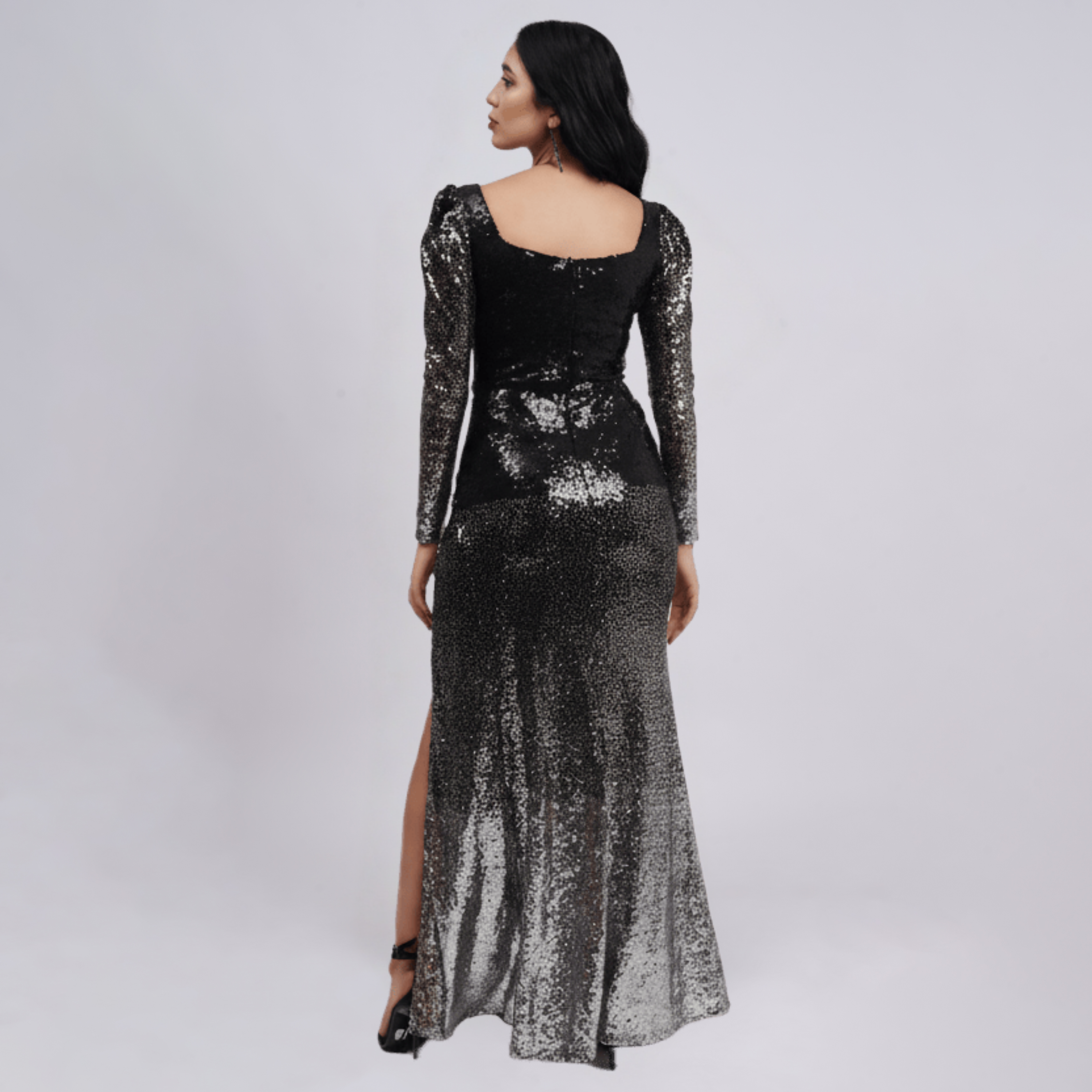 Ombré Sequin Long Sleeve Gown with Side Slit
