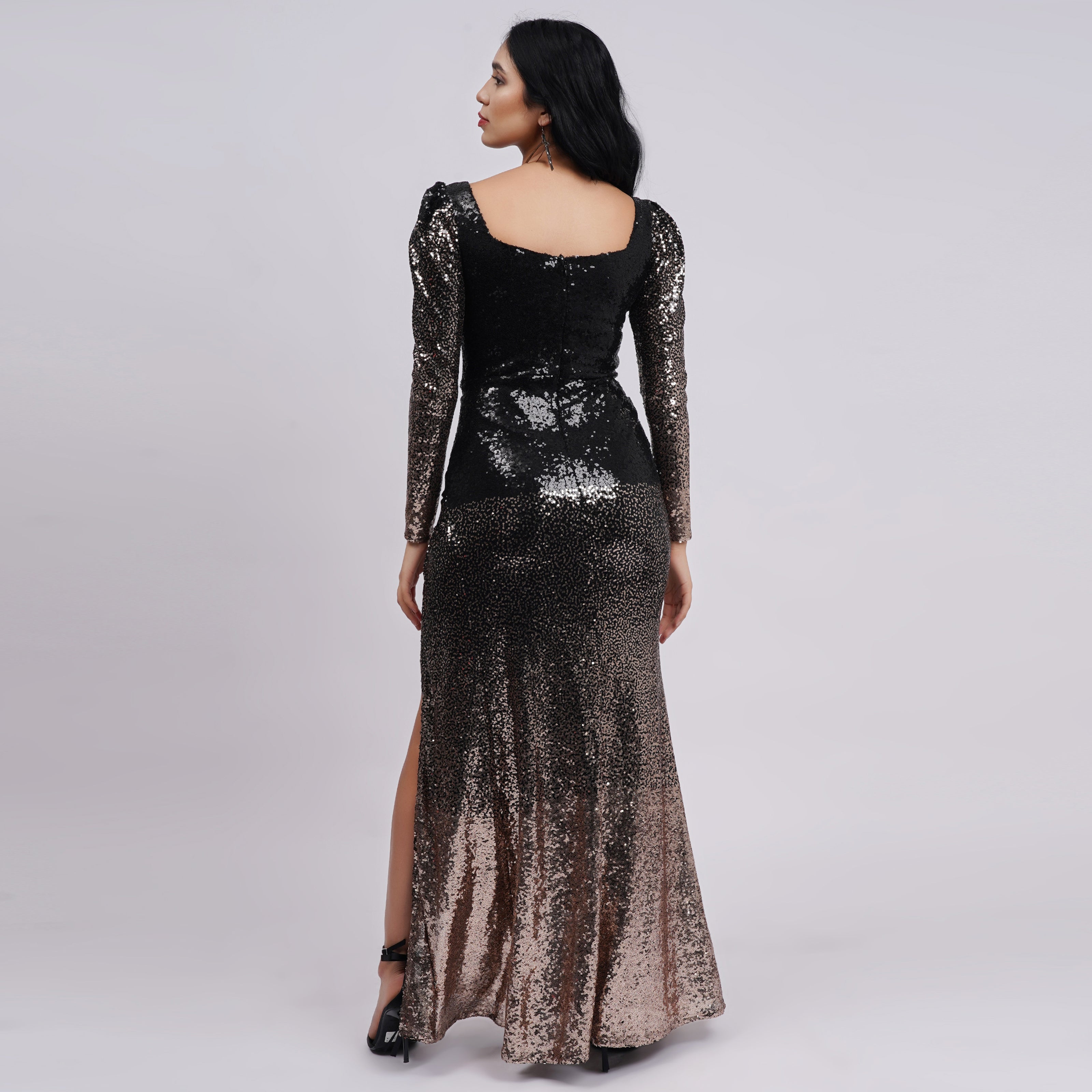 Ombré Sequin Long Sleeve Gown with Side Slit