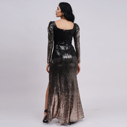 Ombré Sequin Long Sleeve Gown with Side Slit