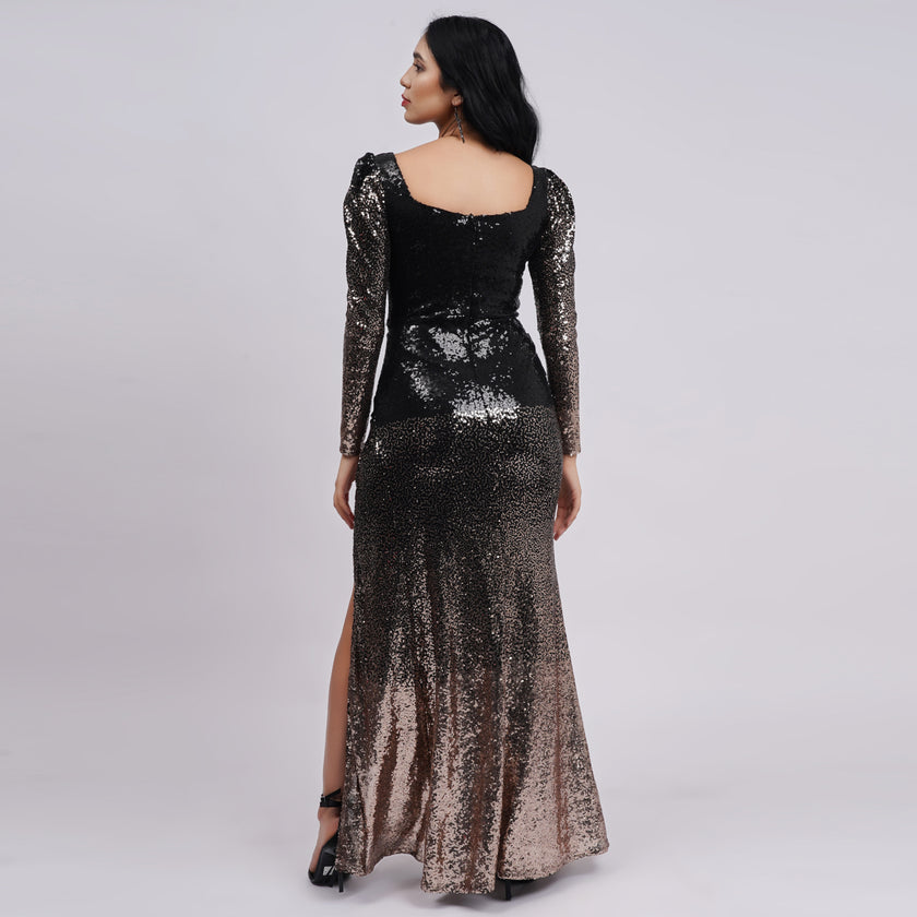 Ombré Sequin Long Sleeve Gown with Side Slit