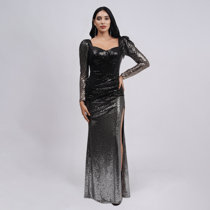 Ombré Sequin Long Sleeve Gown with Side Slit
