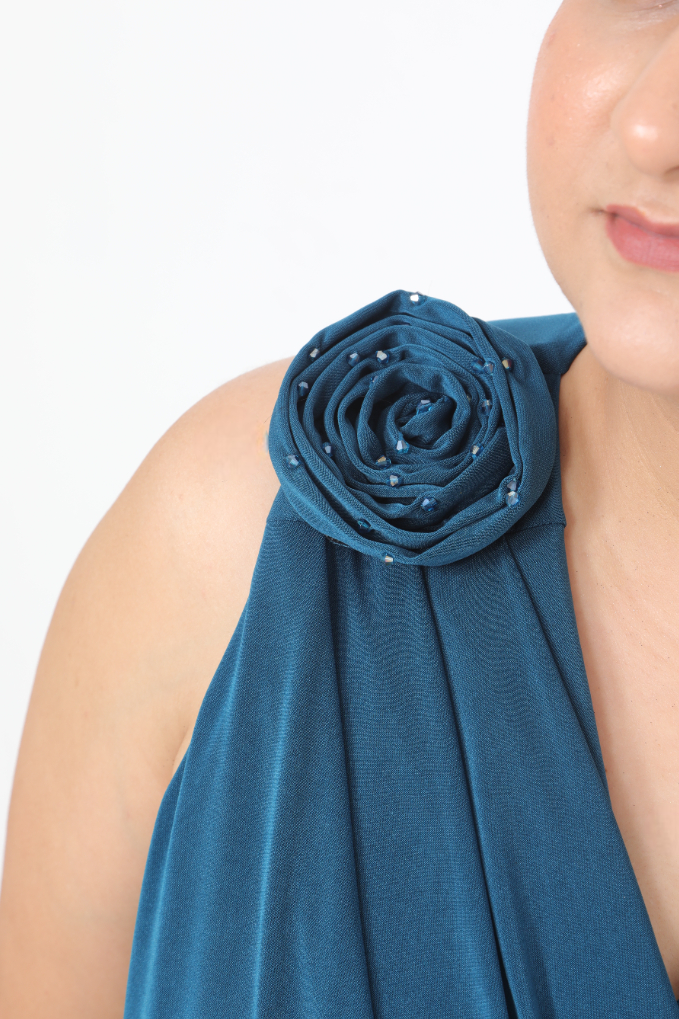 One-Shoulder Floral Appliqué Gown with Cascading Side Drape