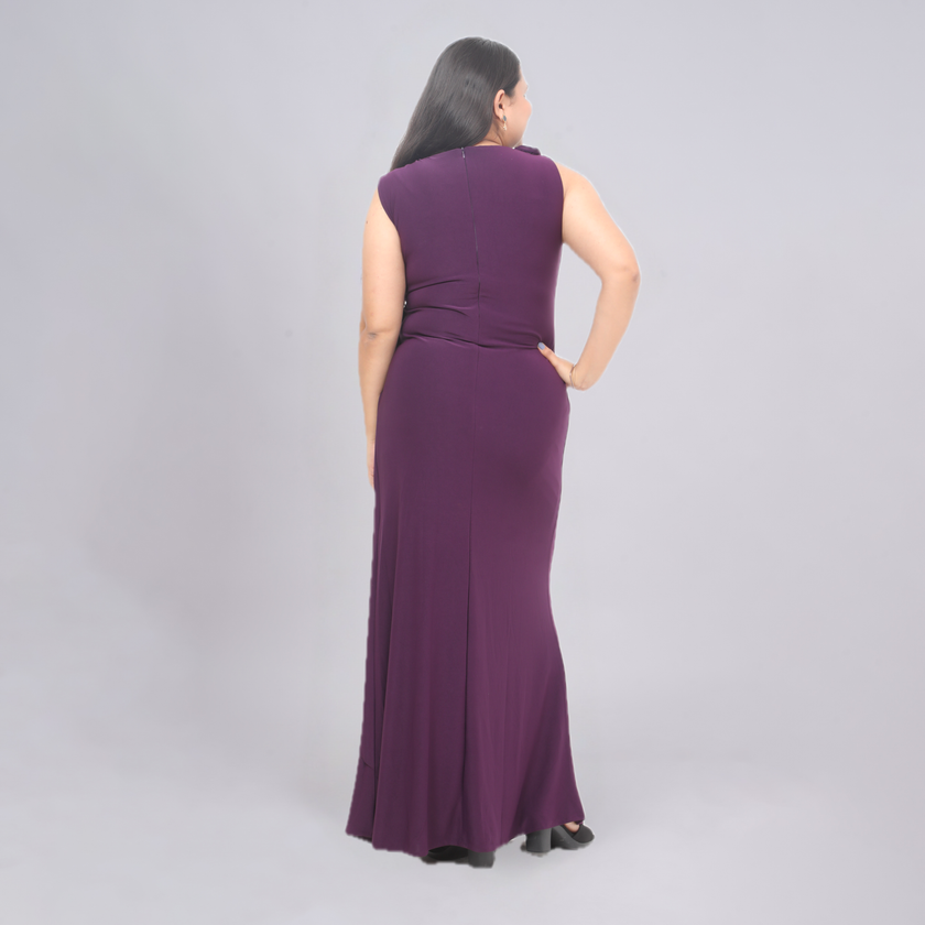 One-Shoulder Floral Appliqué Gown with Cascading Side Drape
