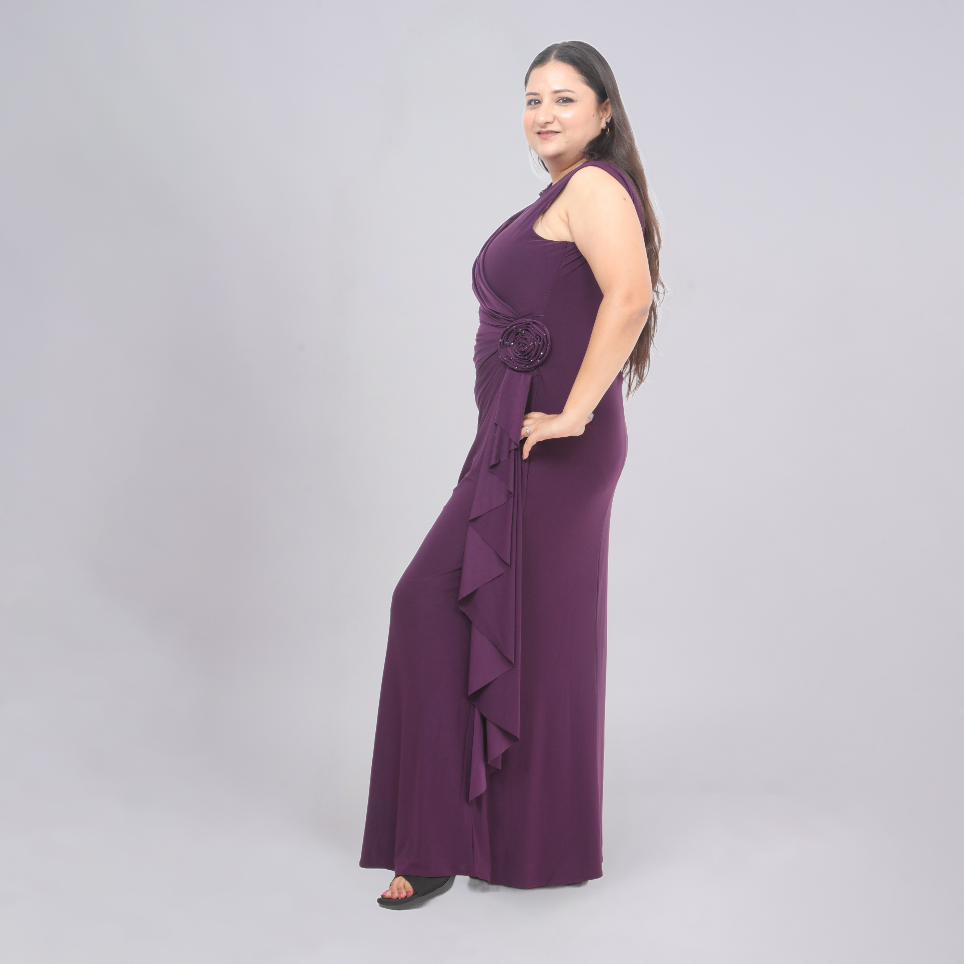 One-Shoulder Floral Appliqué Gown with Cascading Side Drape