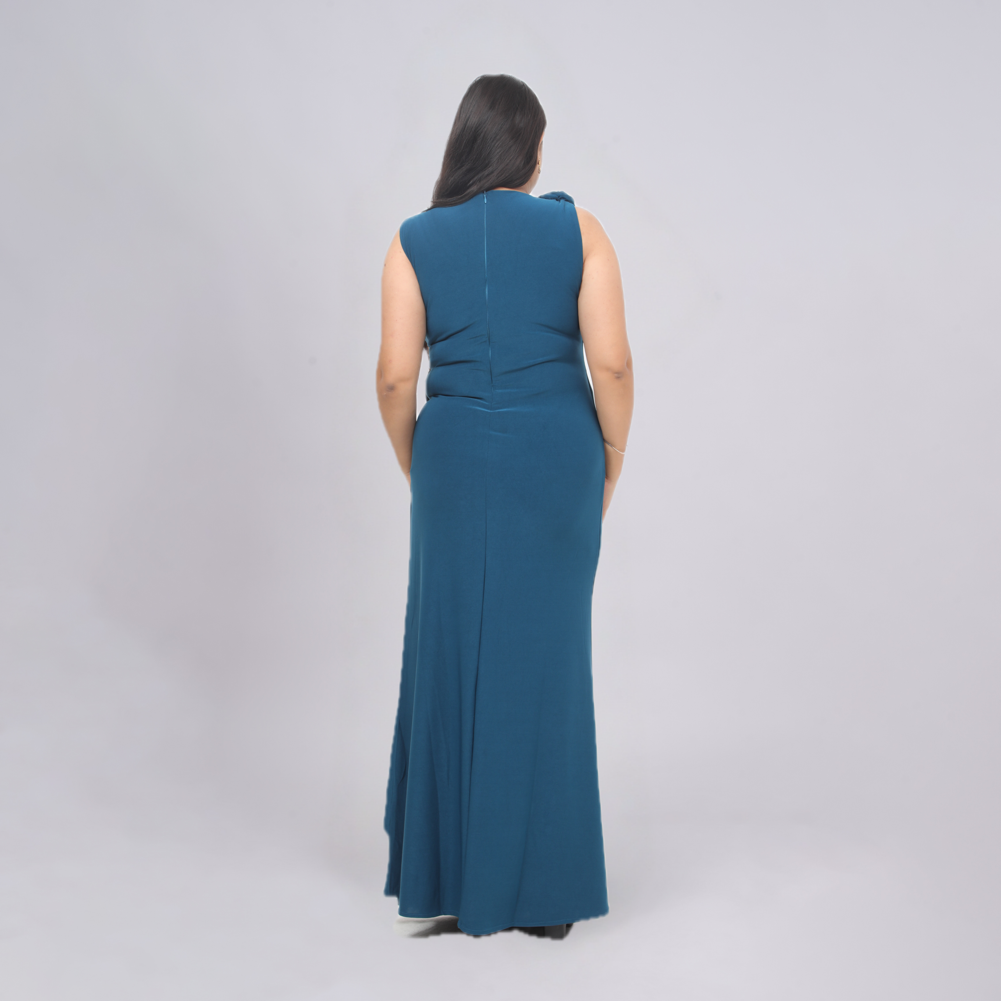 One-Shoulder Floral Appliqué Gown with Cascading Side Drape