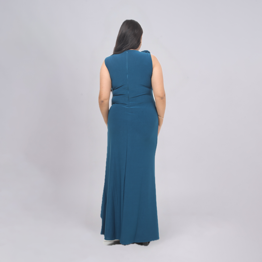One-Shoulder Floral Appliqué Gown with Cascading Side Drape