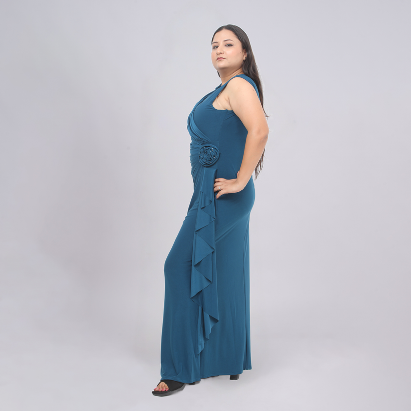 One-Shoulder Floral Appliqué Gown with Cascading Side Drape