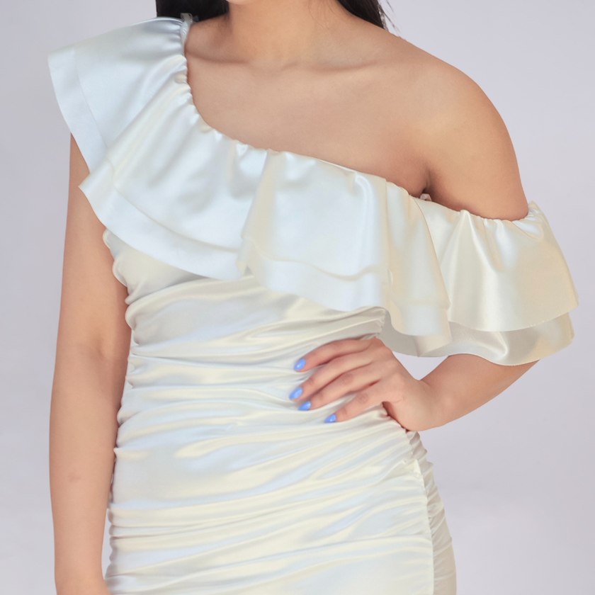One-Shoulder Ruffle Satin Mini Dress