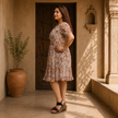 Paisley Print Ruffle Hem Dress with Tie Neck