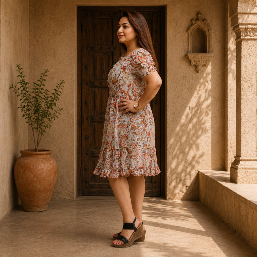 Paisley Print Ruffle Hem Dress with Tie Neck
