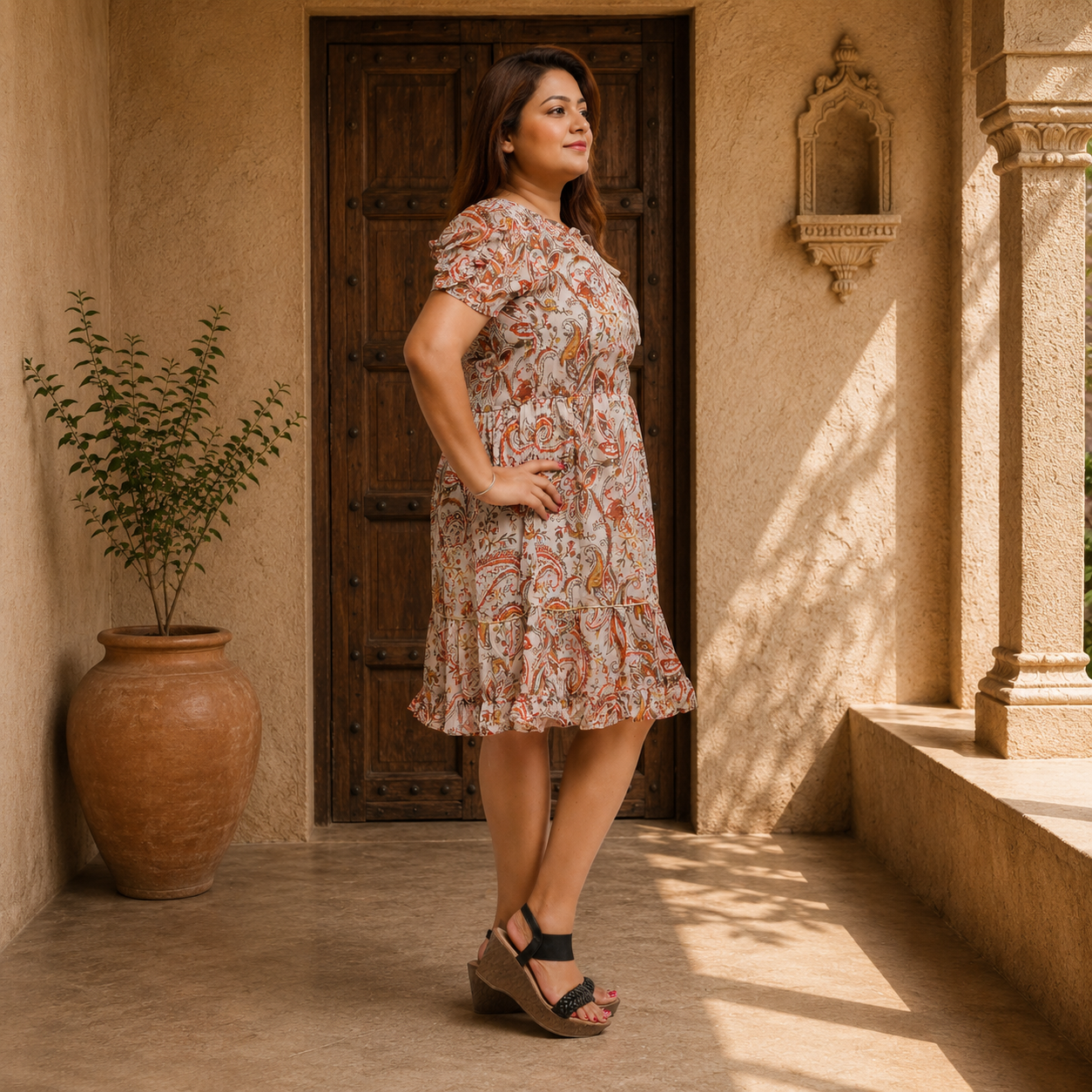 Paisley Print Ruffle Hem Dress with Tie Neck