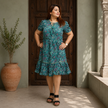 Paisley Print Ruffle Hem Dress with Tie Neck