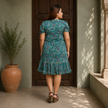 Paisley Print Ruffle Hem Dress with Tie Neck