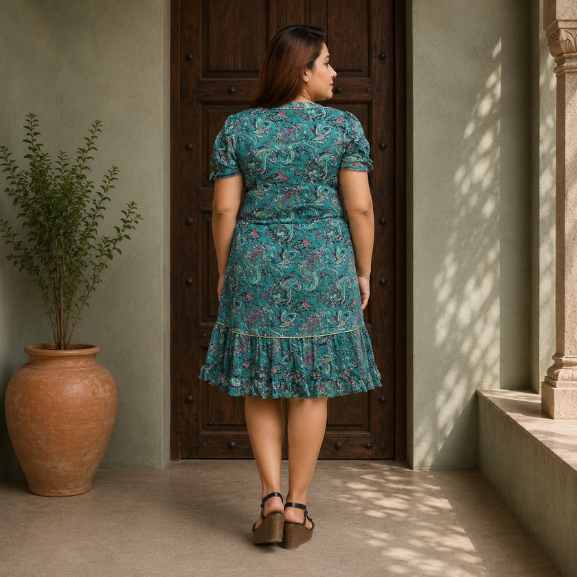 Paisley Print Ruffle Hem Dress with Tie Neck