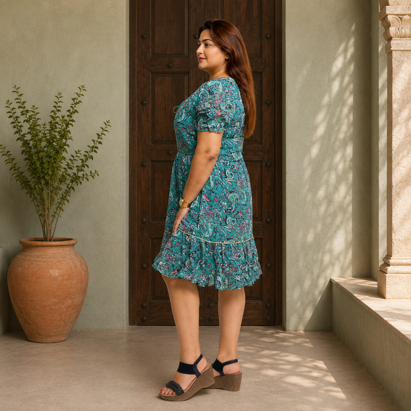Paisley Print Ruffle Hem Dress with Tie Neck