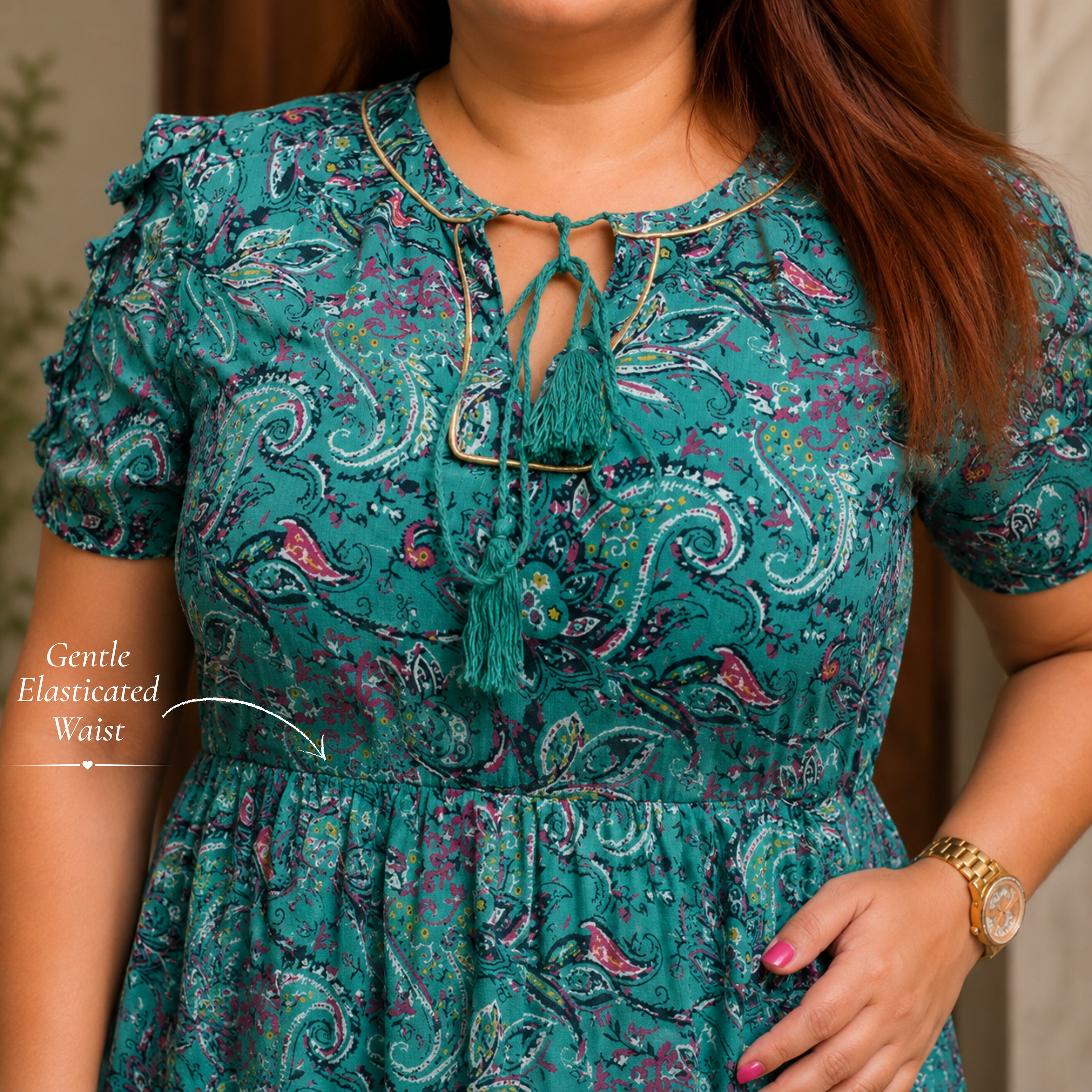 Paisley Print Ruffle Hem Dress with Tie Neck