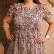 Paisley Print Ruffle Hem Dress with Tie Neck