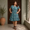 Paisley Print Ruffle Hem Dress with Tie Neck
