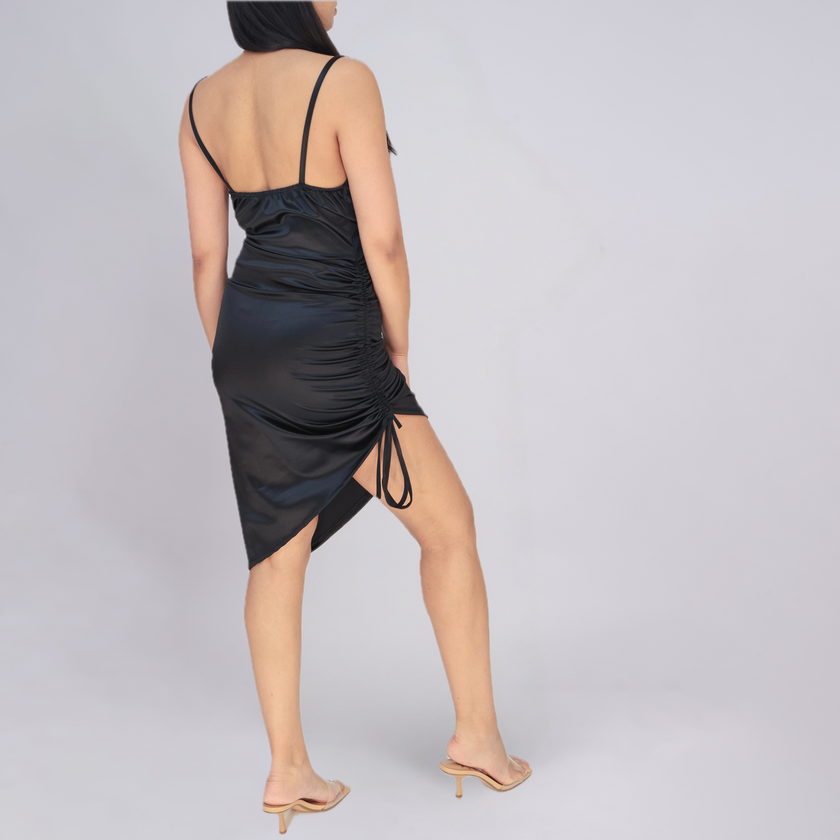 Asymmetric Satin Cowl Neck Midi Dress with Side Drawstring