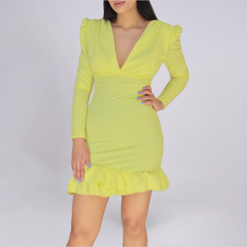 Puff Shoulder Bottom Frill Bodycon Dress