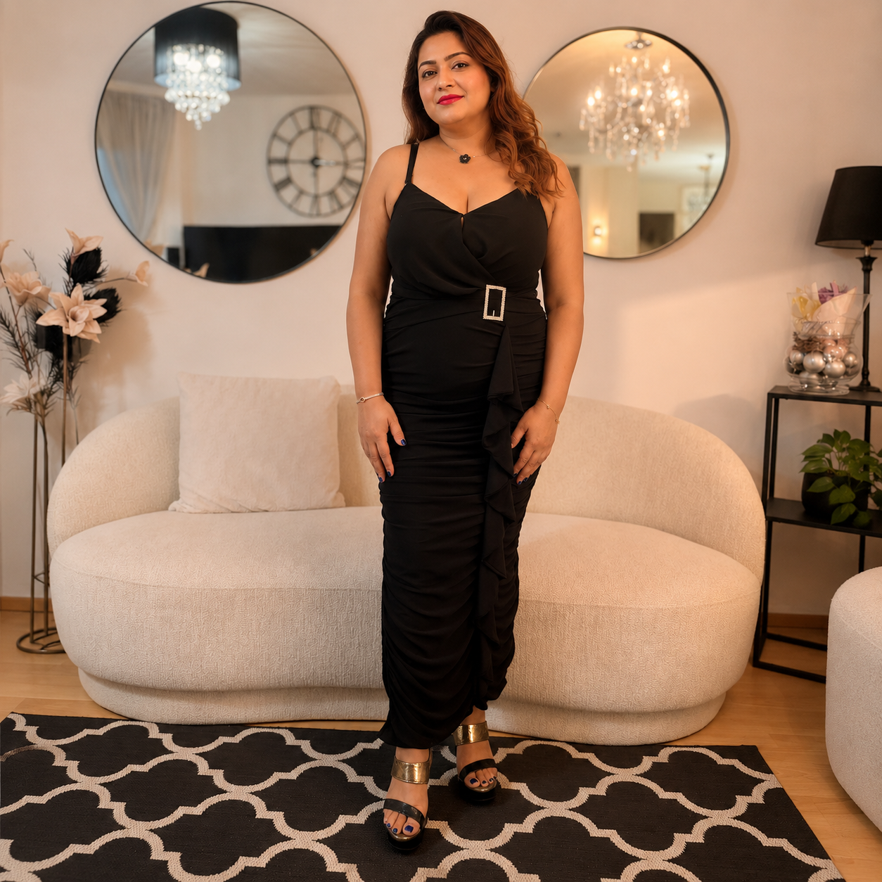 Ruche & Frill Midi Dress with Net Shrug