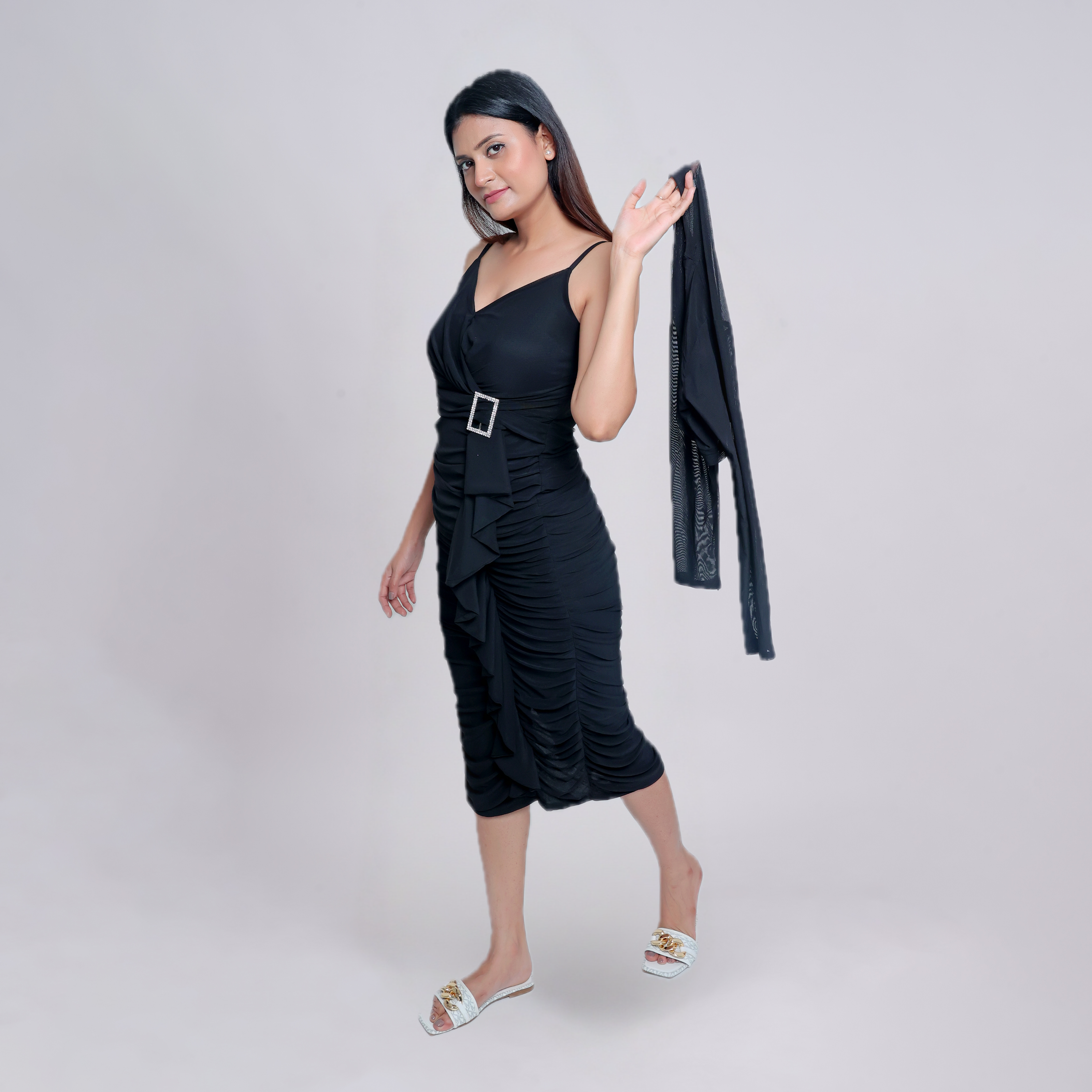 Ruche & Frill Midi Dress with Net Shrug