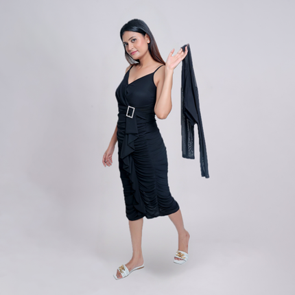 Ruche & Frill Midi Dress with Net Shrug