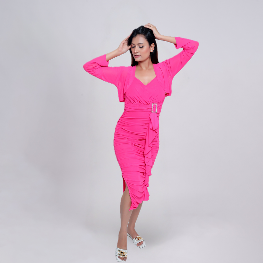 Ruche & Frill Midi Dress with Net Shrug