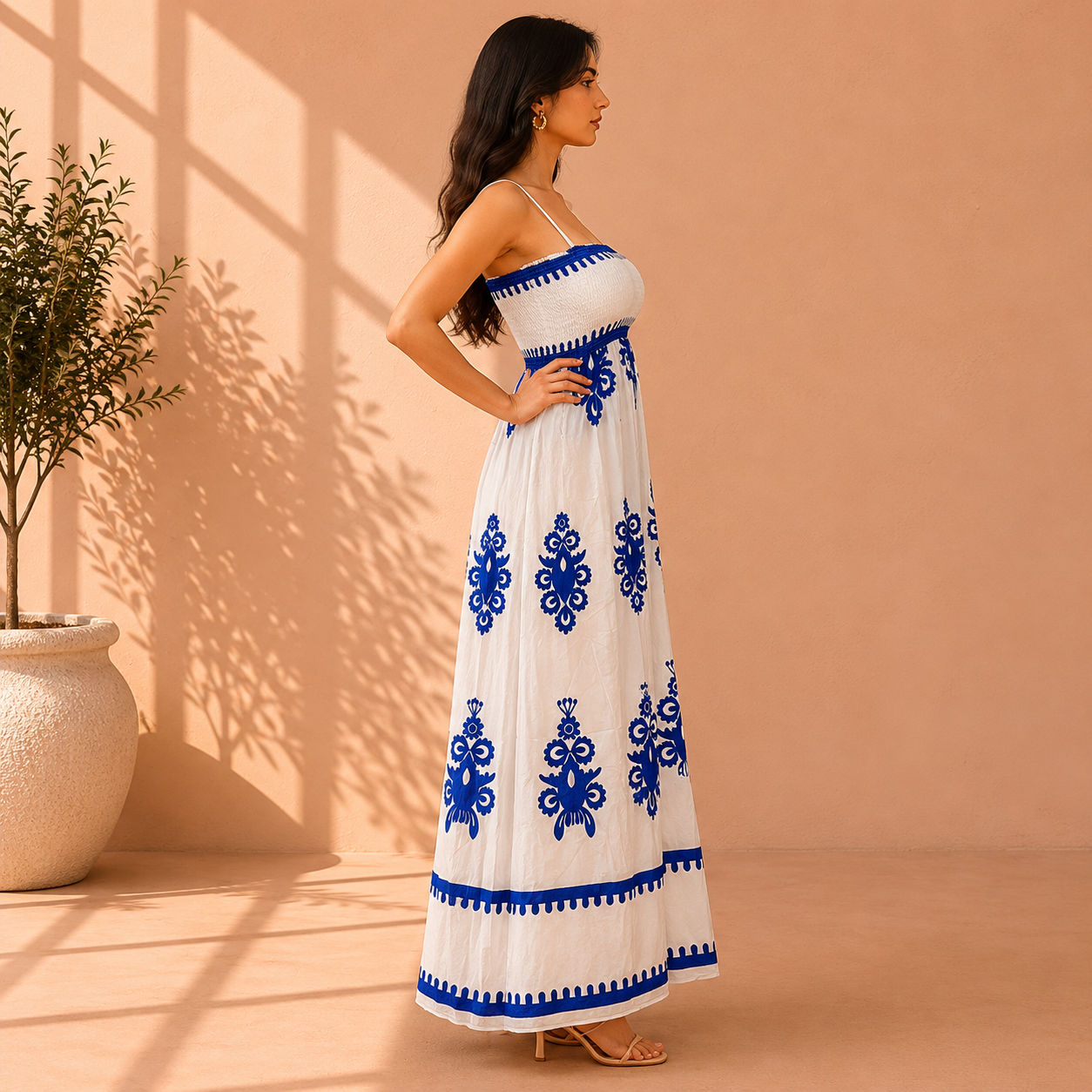 Santorini Smocked Cotton Maxi Dress