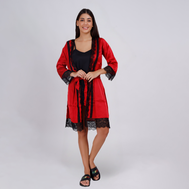 Satin Lace Trim Kimono Robe