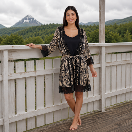Satin Lace Trim Kimono Robe