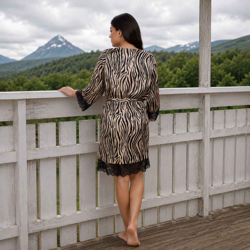 Satin Lace Trim Kimono Robe