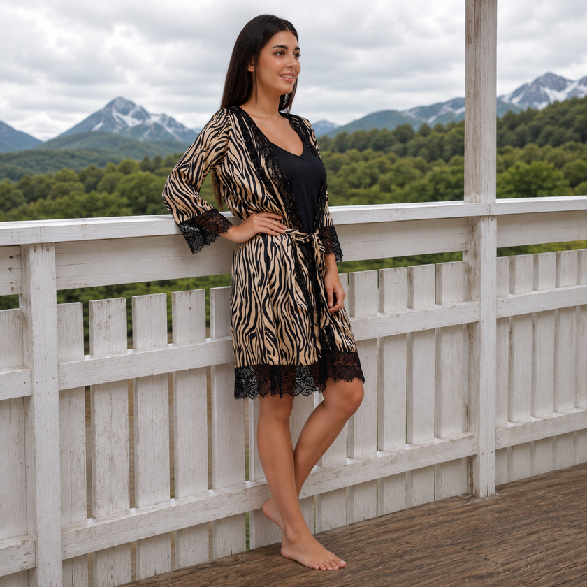 Satin Lace Trim Kimono Robe