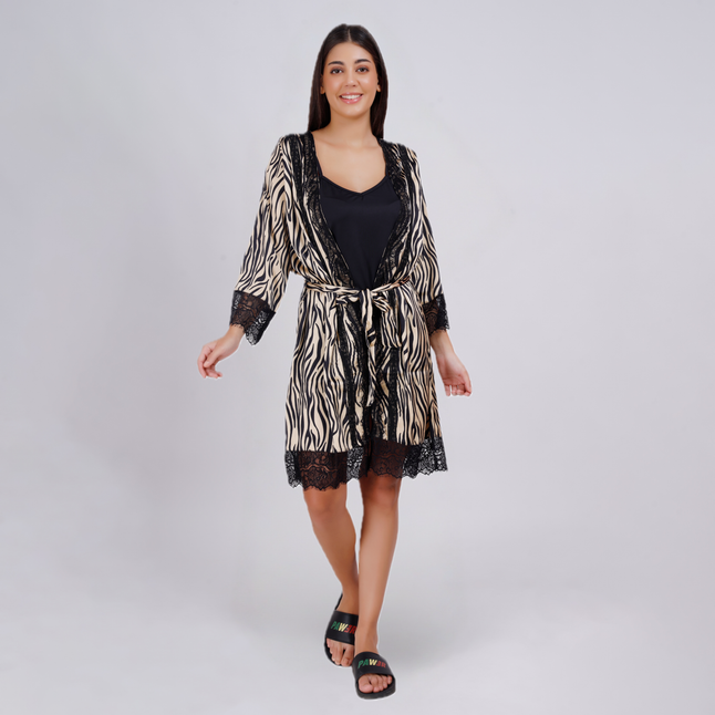 Satin Lace Trim Kimono Robe