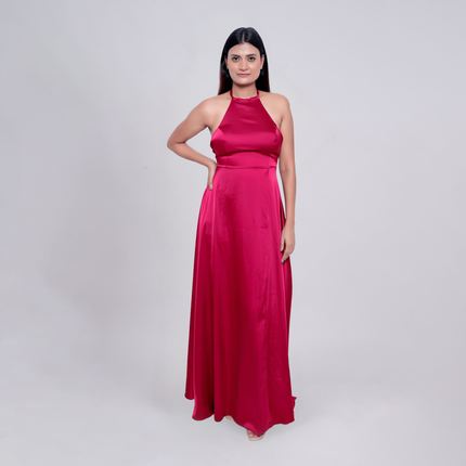 Satin Halter Neck Slit Prom Gown