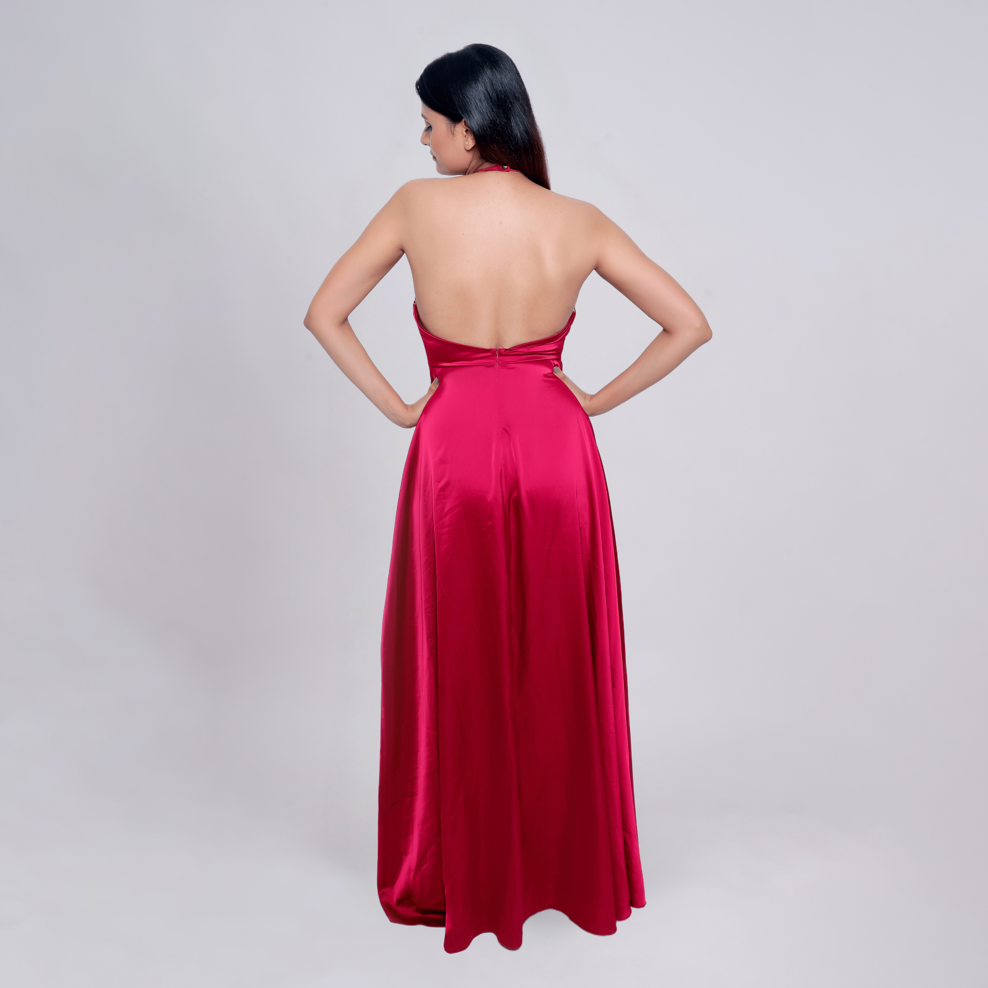 Satin Halter Neck Slit Prom Gown