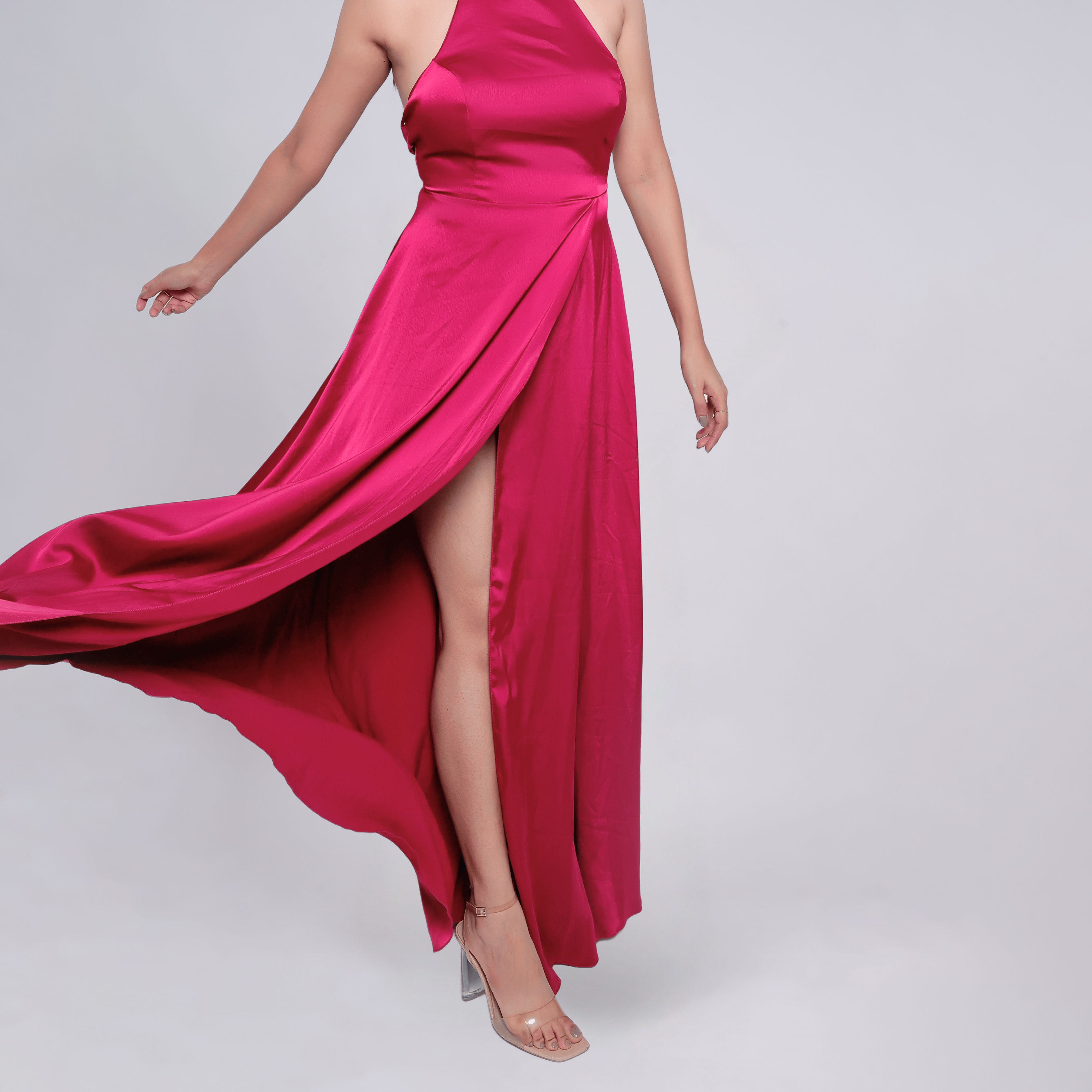 Satin Halter Neck Slit Prom Gown