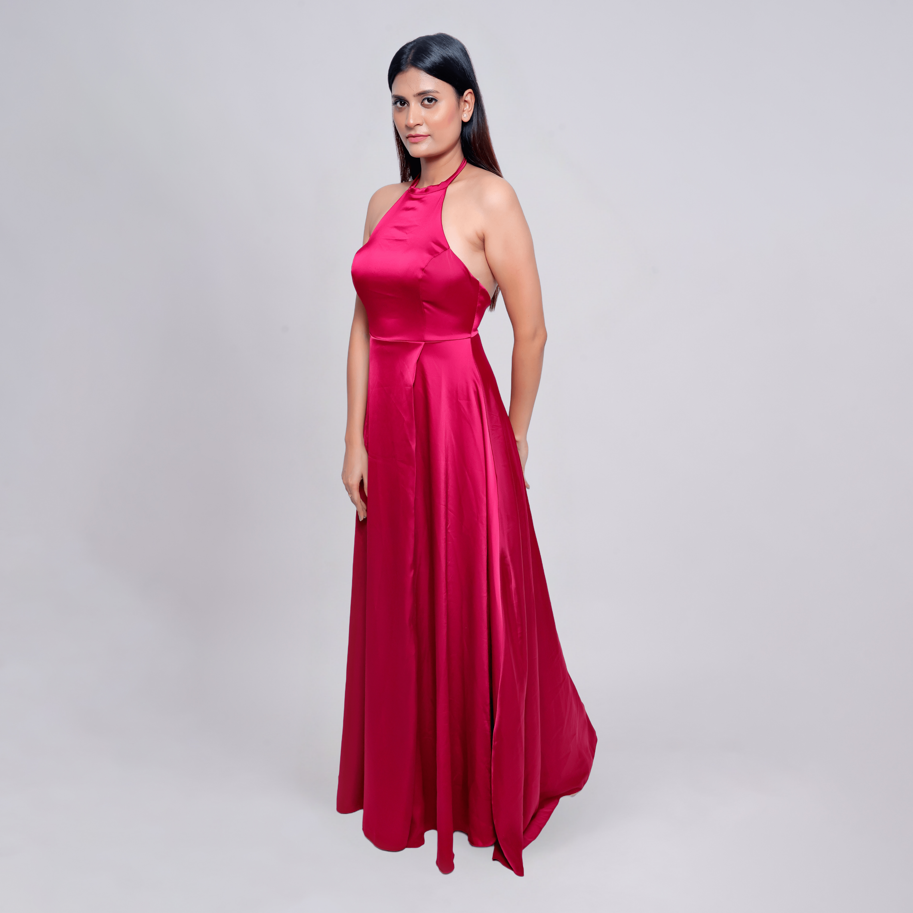 Satin Halter Neck Slit Prom Gown
