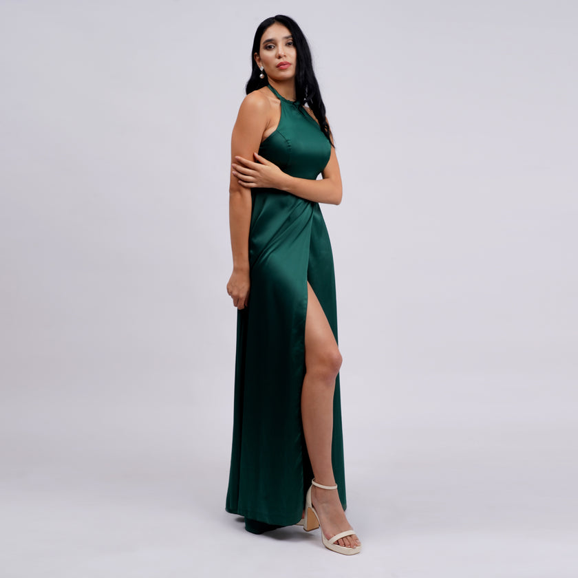 Satin Halter Neck Slit Prom Gown