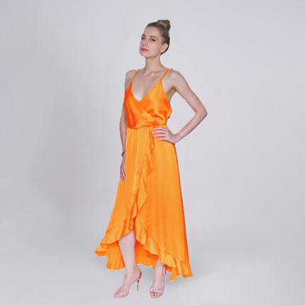 Satin Wrap Ruffled Maxi Dress