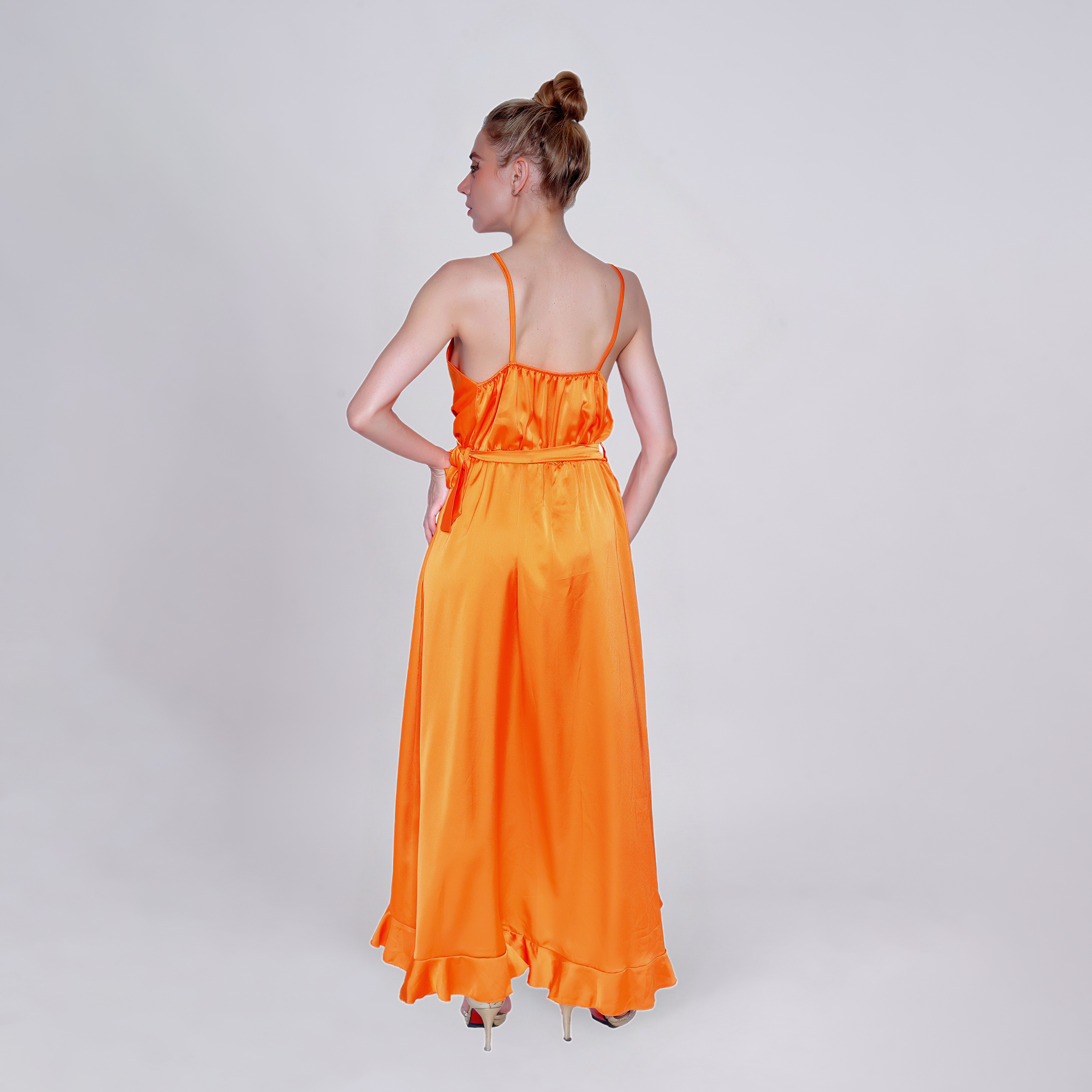 Satin Wrap Ruffled Maxi Dress