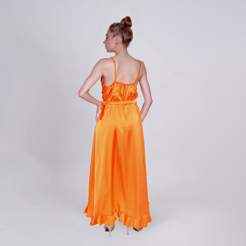 Satin Wrap Ruffled Maxi Dress