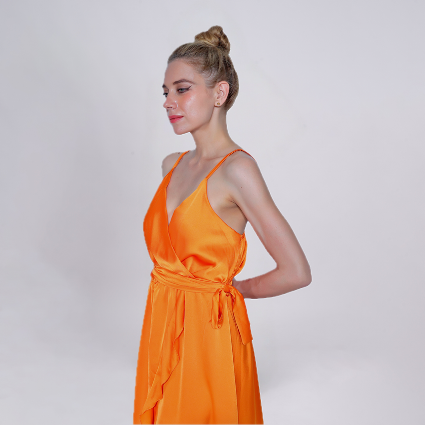 Satin Wrap Ruffled Maxi Dress