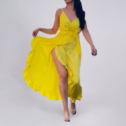 Satin Wrap Ruffled Maxi Dress